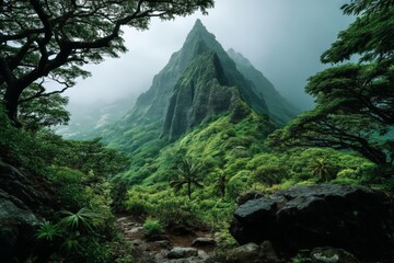 Poster - Majestic mountain rises above lush tropical forest in early morning mist