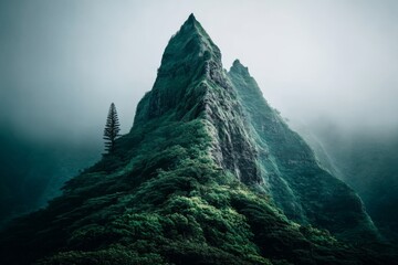 Aufkleber - Majestic peak rises above lush forest under a misty sky in a serene landscape