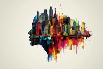 Leinwandbilder - Colorful city skyline silhouette blending with a profile against a neutral background