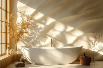 Aufkleber - Modern bathroom design with natural light and minimal decor, featuring a stylish bathtub and soothing plant arrangements