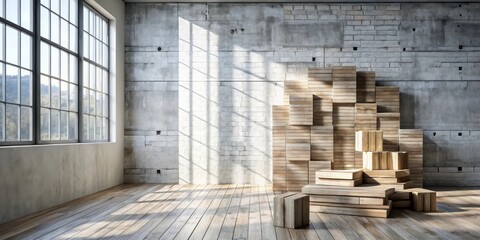 Aufkleber - Sunlit Interior with Stacked Wooden Boxes and Large Window