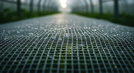 A close-up of a wet grid walkway leading through a greenhouse tunnel on a misty day.