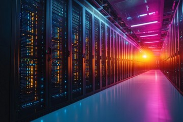 Poster - Vibrant data center corridor illuminated by colorful lights at dusk showcasing advanced technology infrastructure