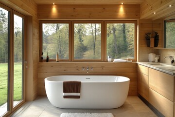Aufkleber - Modern bathroom design featuring a freestanding tub with scenic forest view during daylight