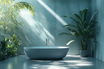 Poster - Elegant modern bathroom with natural light and lush greenery creates a serene oasis for relaxation and rejuvenation