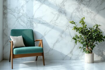 Poster - Modern armchair and plant in a bright room with marble wall in the afternoon sunlight for a serene atmosphere