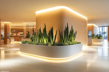Poster - Modern interior design featuring lush greenery and warm lighting in a stylish lobby during daytime