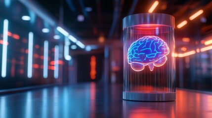 Poster - A vibrant blue AI brain is suspended in a glass jar filled with mist, surrounded by metallic panels with blinking lights, showcasing innovative technology
