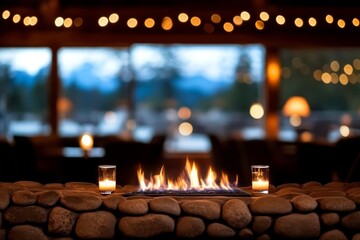 Poster - A warm fire flickers in the stone fireplace, casting soft shadows. The cozy ambiance is enhanced by elegant furniture and the inviting glow of the flames