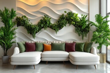 Aufkleber - Elegant living room design featuring modern furniture and lush greenery in a stylish setting