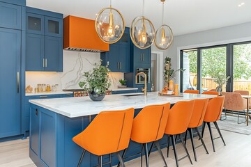 Poster - Modern kitchen design with blue cabinetry and orange accents featuring a spacious island and contemporary lighting fixtures