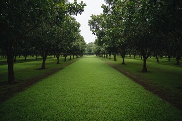 Poster - A rubber tree plantation showcases evenly spaced trees under warm sunlight. The lush greenery is complemented by dappled light filtering through the canopy