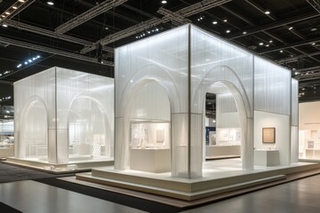 Fototapete - Modern architectural pavilion at art exhibition showcasing captivating design and innovative materials in a spacious indoor venue