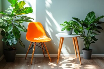 Poster - Bright orange chair and green plants in a cozy indoor setting during daylight hours