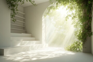 Poster - Light streams into a tranquil interior space filled with greenery during the day