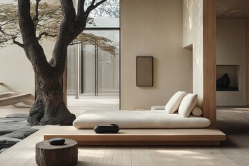 Poster - Tranquil interior design featuring a minimalist lounge area with natural elements and serene ambiance