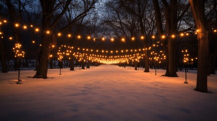 Aufkleber - Glowing string lights hang from bare trees, casting warm light on the snow-covered ground in a peaceful winter setting during twilight hours