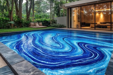 Poster - Beautiful blue wave pool design brings tranquility to modern outdoor living space surrounded by lush greenery