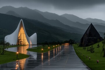 Poster - Modern architecture blends with nature at a serene location under a cloudy sky