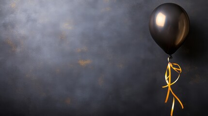 Poster - A striking black balloon tied with a gold ribbon floats in front of a dark matte backdrop, ideal for highlighting stylish shopping events with ample copy space
