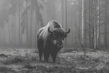 Poster - Majestic bison stands alone in misty forest during early morning in wilderness