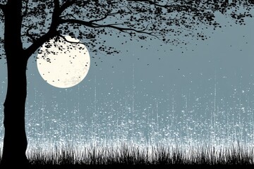 Poster - Moonlit night with gentle rain falling against a serene landscape featuring tall grass and a silhouette of a tree