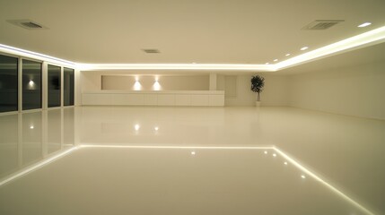 Poster - This spacious basement showcases white countertops and integrated ambient lighting, emphasizing a clean and airy aesthetic perfect for modern interiors
