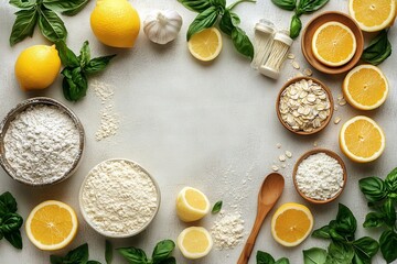Aufkleber - Fresh ingredients spread for making lemon basil cake in a kitchen setting with a neutral backdrop