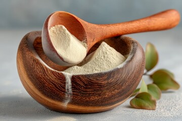 Poster - Natural powder in a wooden bowl with a wooden spoon and green leaves on a textured surface