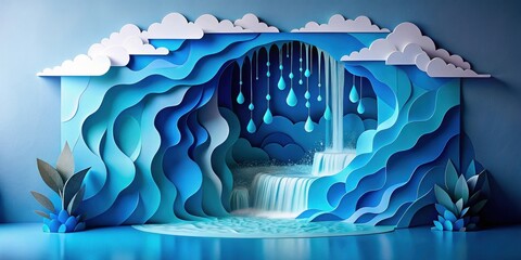 Aufkleber - Serene Waterfall Scene An Abstract Paper Art Design Featuring Cascading Water, Clouds, and Lush Foliage