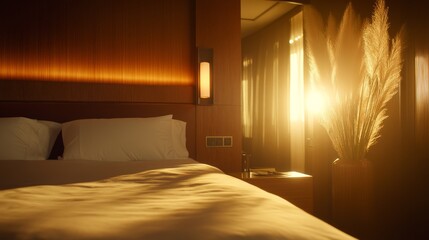 Poster - A tranquil bedroom features crisp white bedding, soft sunlight flooding the space, and decorative grasses enhancing the minimalist decor, perfect for relaxation