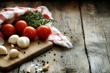 Poster - Fresh tomatoes and mozzarella cheese on a rustic wooden table with herbs and spices during a bright kitchen preparation