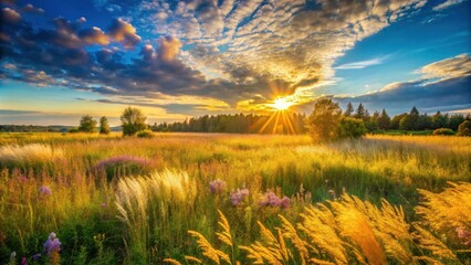 Aufkleber - Golden hour sunlight illuminates a vibrant meadow landscape with wildflowers and tall grasses, creating a breathtaking sunset scene.
