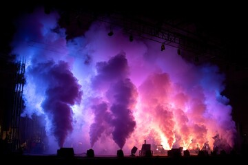 Aufkleber - Colorful smoke clouds illuminate a concert stage at night during an unforgettable music event in the summer