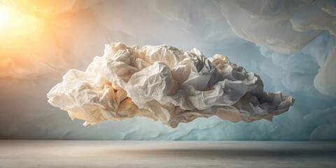 Aufkleber - A large, crumpled, white paper formation floats serenely above a smooth, gray surface against a dreamy, pastel background.
