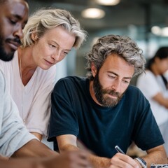 Poster - In a contemporary office setting, a diverse group of coworkers engages in a lively brainstorming session, sharing insights and developing innovative concepts together, fostering teamwork