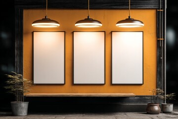Poster - Stylish interior with three empty frames and warm lighting in a contemporary setting