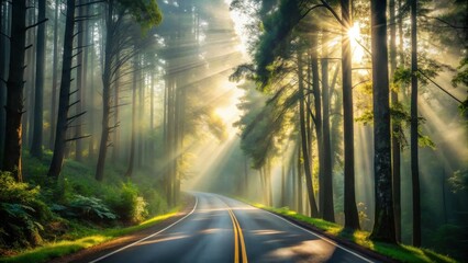 Aufkleber - Sunbeams Illuminate a Winding Road Through a Misty Forest