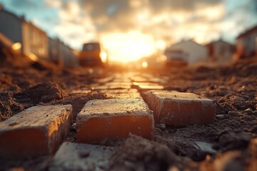 Aufkleber - Brick pathway glows under golden sunset near vehicles on a rural road