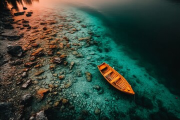 Aufkleber - Vibrant orange boat floating on clear turquoise water at sunset by a rocky shoreline