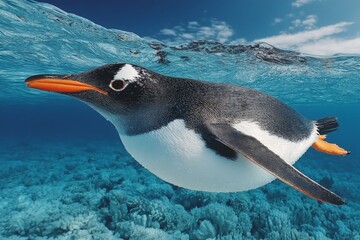Poster - Gentoo penguin swimming gracefully in crystal clear ocean waters near coral reefs during a sunny day
