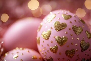 Poster - Colorful pink Easter eggs decorated with golden hearts creating a joyful holiday atmosphere