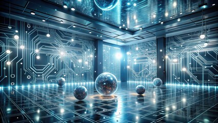 Poster - Abstract futuristic room with glowing circuit board walls and reflective floor, featuring several illuminated spheres