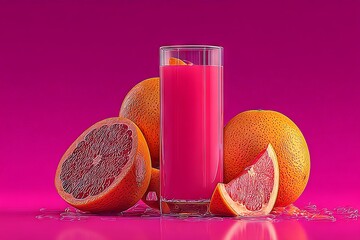 Poster - Freshly squeezed juice and vibrant fruits set against a bright pink background