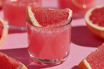 Poster - Refreshing grapefruit cocktail served in a clear glass with vibrant pink backdrop and fresh fruit slices