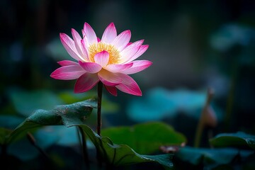 Poster - Beautiful pink lotus flower blooms in a serene water garden during a sunny afternoon, surrounded by lush green leaves