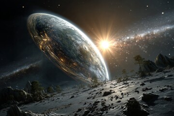 Poster - A stunning view of an alien world featuring an expansive horizon and a bright sun illuminating the rocky landscape at dusk