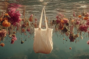 Poster - Floral underwater scene features a suspended tote bag surrounded by vibrant blooms at dawn