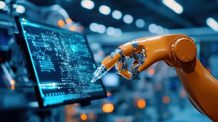 Poster - Close-up of a robotic arm interacting with a digital interface in a tech environment.