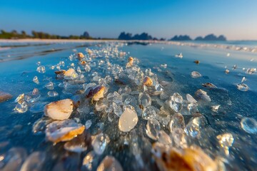 Aufkleber - Colorful shells and sparkling sea glass scattered along the tranquil beach at sunrise, creating a stunning coastal landscape